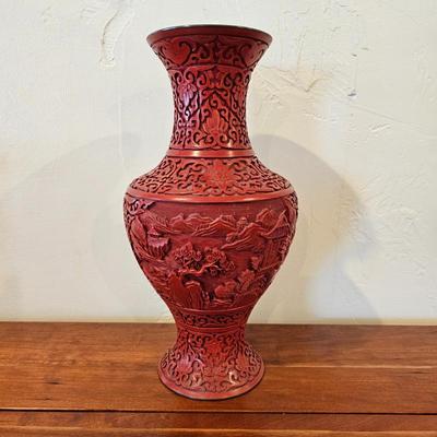 Lot #108 - Vintage Chinese Cinnabar Style Carved Lacquer Vase – Deep Relief Floral & Landscape Design