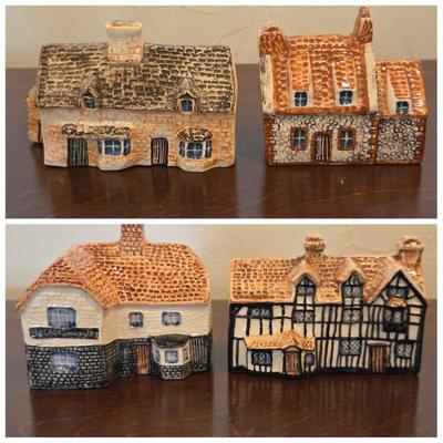Set of 4 John Putnam's Heritage Houses Ceramic Cottages – Sussex Pub, Shakespeare's Birthplace, Cottage Row, Norfolk Pebble...