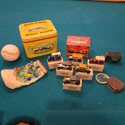 Vintage Collectibles Lot – Tin Box, Classic Car Miniatures, Marbles, Signed Baseball, Magnifier