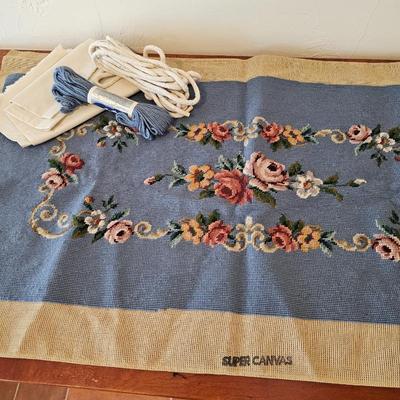 Lot #98 - Vintage Handworked Needlepoint Panel – Blue Floral Border Canvas with Wool Yarn Lot