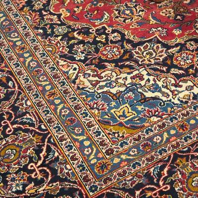 Vintage Persian Kashan Hand Knotted Wool Area Rug – Red Navy Blue Floral Medallion Design 