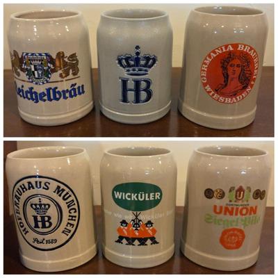 Lot of 6 Vintage German Beer Steins - Germania Braubrei, Wicküler, Union, HB (2), Reichelbräu