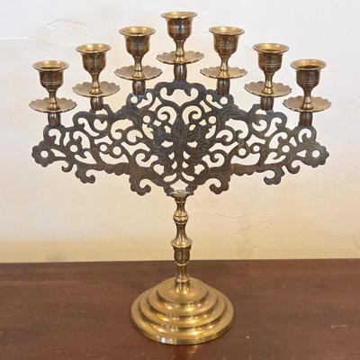Vintage Brass Menorah Candelabra – Ornate 7-Branch Judaica Candle Holder