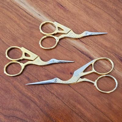 Lot #89 - Set of 3 Gold Stork Embroidery Scissors – Vintage Style Sewing Needlework Craft Scissors Lot