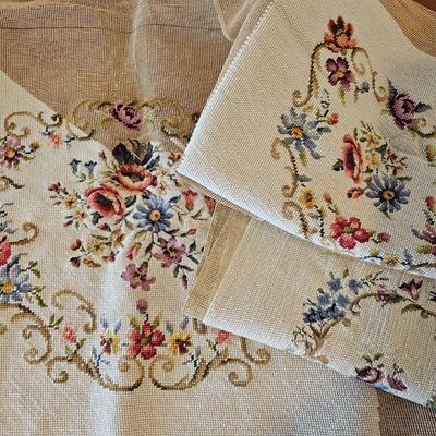 Lot #96 - Lot of 3 Cream Floral Needlepoint Panels – Vintage Handworked Canvases with Roses & Scrolls