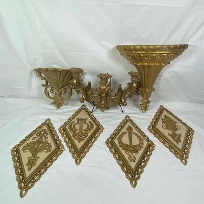 Hollywood Regency Gold Wall Décor Lot – Ornate Sconces/Shelves + 4 Syroco-Style Plaques
