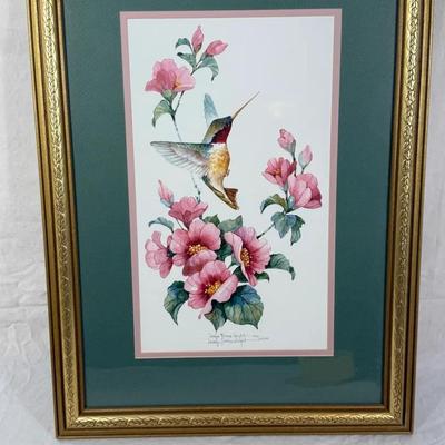 Signed Carolyn Shore Wright Hummingbird & Pink Blossoms Framed Print