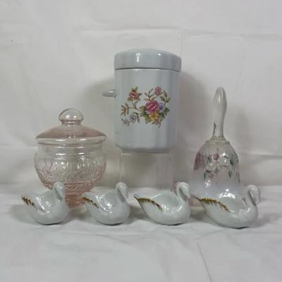 Porcelain Swan Figurines, Pink Glass Lidded Dish, Floral Canister & Hand Bell
