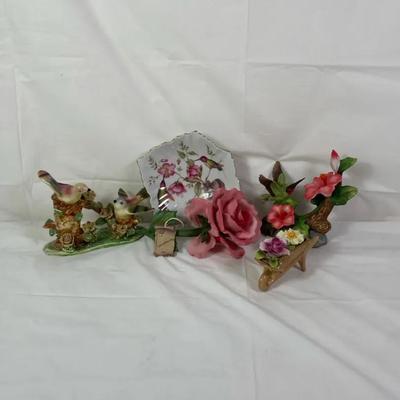 Assorted Decorative Birds & Floral Figurines with Small Plate and Artificial Rose
