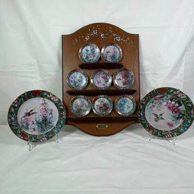 Floral Hummingbird Collector Plate Set w/ Wooden Wall Display Rack (10 Plates)