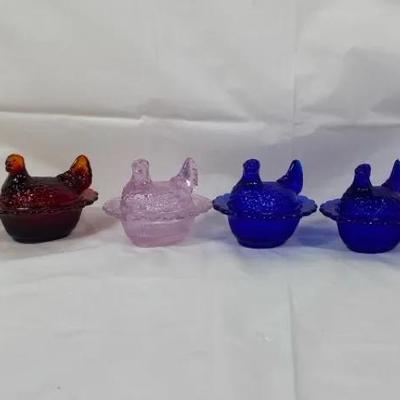 Set of 6 Vintage Glass Hen-on-Nest Covered Dishes 