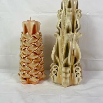 Set of 2 Hand-Carved Drip Candles – Peach & Ivory Decorative Column Pair
