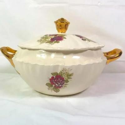 Porcelain Soup Tureen/Terrine w/ Lid, Gold Handles & Floral Rose Pattern