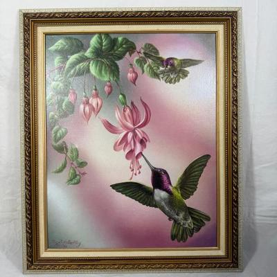 Framed Hummingbird & Fuchsia Flowers Canvas Print — Signed 1990