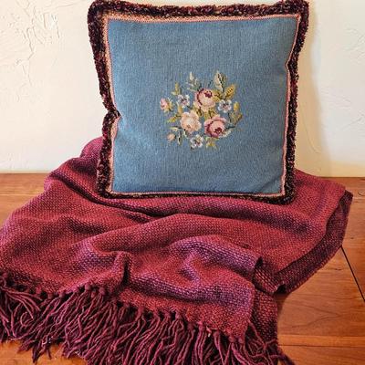 Lot #94 - Needlepoint Floral Accent Pillow w/ Trim + Burgundy Textured Throw Blanket