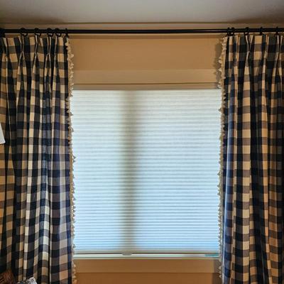 Lot #92 - Pair of Handmade Blue Buffalo Check Curtain Panels • Farmhouse Country Drapes • Pom Pom Edge Detail