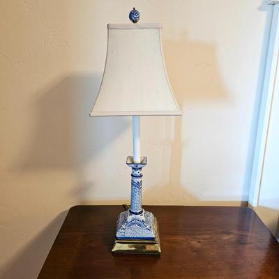 Blue & White Porcelain Table Lamp with Brass Base & Shade – Chinoiserie Style