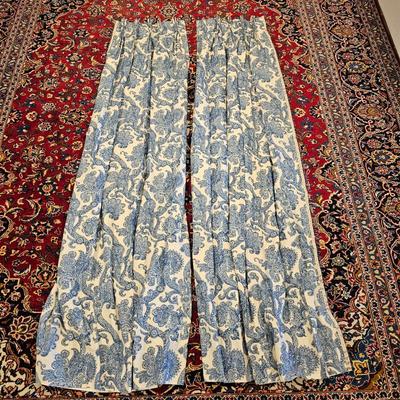 Blue & Tan Paisley Drapery Panels w/ Pleated Tops – 2 Panels + Valance – Lined