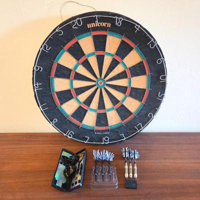 Vintage Unicorn England Dartboard w/ Darts Set • Steel Tip Darts + Case • Classic Pub Game
