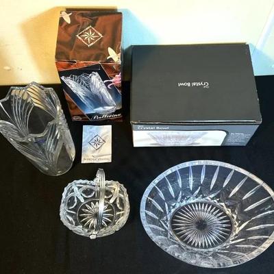 Assorted Crystal Serving Pieces – Bowls, Basket & Vase with Boxes