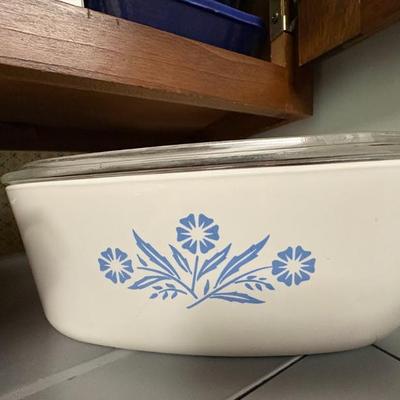 vintage CorningWare Blue Cornflower casserole dish with a Pyrex lid