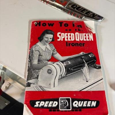  vintage Speed Queen ironer (rotary iron) and its "How To" manual, likely from the 1950s