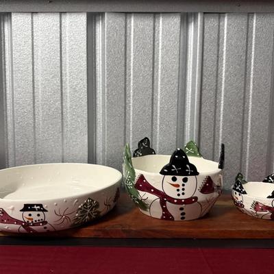 Vintage Ceramic Snowman Candy Bowl Set