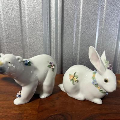 Vintage LLADRO Genuine Porcelain 
“Attentive Polar Bear w/Flowers” & “Attentive Bunny w/Flowers”