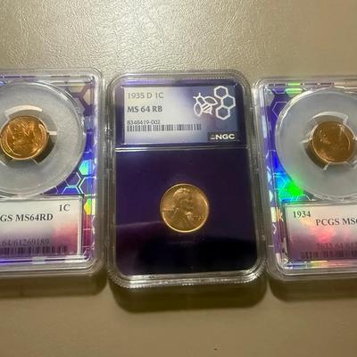 Lot: (3) MS 64RD NGC 1935 D & (2) PCGS 1934 Wheat Penny .01c
