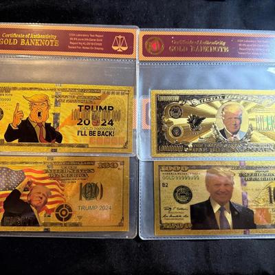 Lot:(4) Trump Gold Foil Novelty Bills W/ Certificate Of Authenticity 