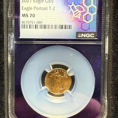 2021 $5 Gold Eagle T-2 NGC MS 70 1/10th Oz Gold