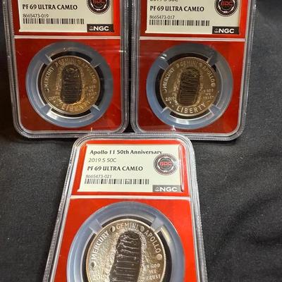 Lot: (3) 2019 S .50c NGC PF 69 Ultra Cameo Apollo 11 50th Anniversary  