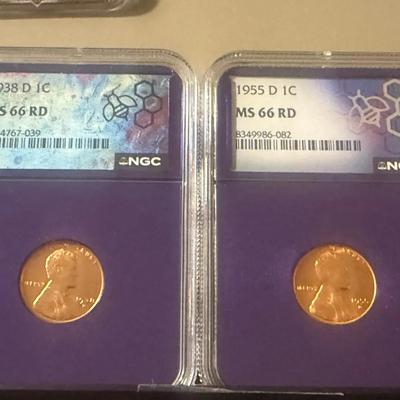 Lot: (2) NGC MS 66RD 1938 D & 1955 D Wheat Penny .01c