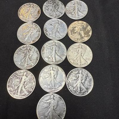 (13) Walking Liberty Silver Half Dollars 90% Silver Circulated Various Years 