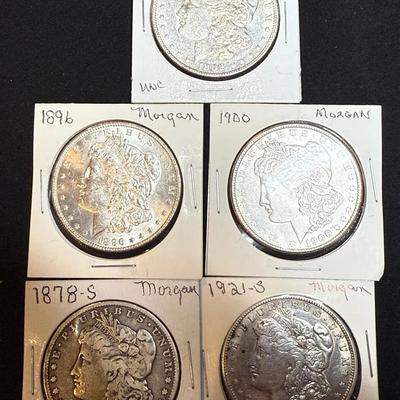 Lot: (5) Morgan Dollars  1878S, 1921S, 1896, 1900, 1902  Silver 