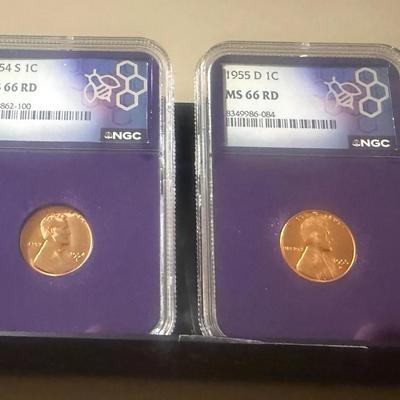 Lot: (2) NGC MS 66RD 1954 S & 1955 D Wheat Penny .01c