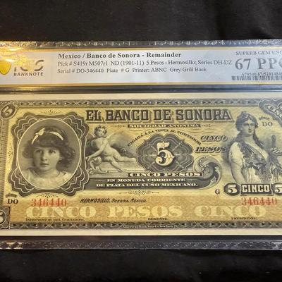 5 Pesos Mexico Banco De Sonora - Remainder PCGS 67 PPQ