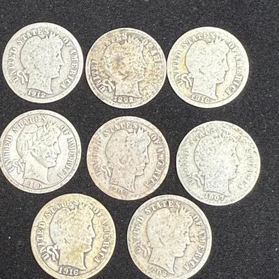 Lot: (8) Barber Dimes Circulated Misc. Years Silver