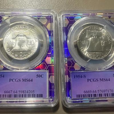 Lot: (2) PCGS MS 64  1954 & 1954-S Franklin Half Dollars