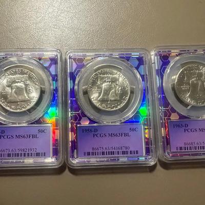 Lot: (3) PCGS MS 63FBL 1957D& 1958D& 1963D Franklin Half Dollars