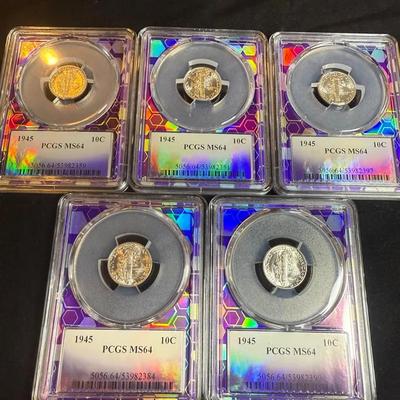 Lot (5) 1945 Mercury Dime PCGS MS 64 Silver 