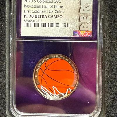 2020 S  NGC PF 70 Ultra Cameo Colorized .50c Basketball Hall Of Fame 