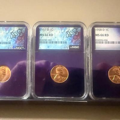 Lot: (3) NGC MS 66RD 1947 D & 1957 D & 1958 D Wheat Penny .01c