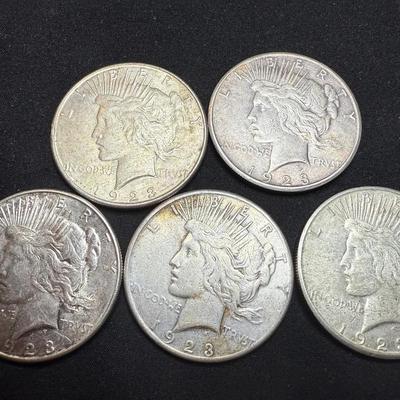 Lot: (5) Peace Dollars 1923S Silver 