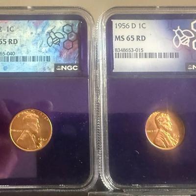 Lot: (2) NGC MS 65RD 1942 & 1956 D Wheat Penny .01c
