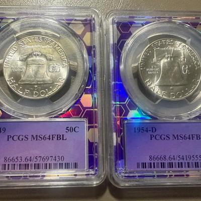 Lot: (2) PCGS MS 64FBL 1949 & 1954D Franklin Half Dollars