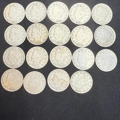 Lot: (19) Liberty Head “V” Nickles Various Years And Conditions 