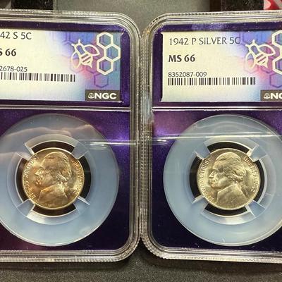 Lot: (2) NGC 66 1942S & 1942P War Nickels Silver