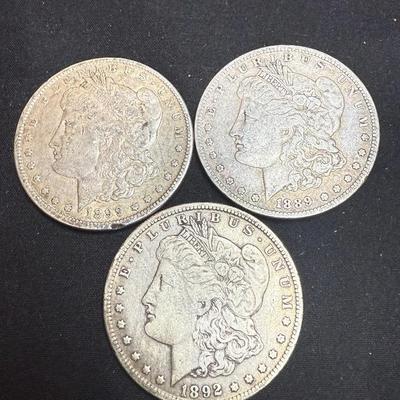 Lot: (3) Morgan Dollars  1899O, 1892O & 1889O Silver 