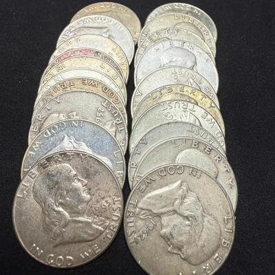 (20) Franklin Silver Half Dollars 90% Silver Circulated Various Years 